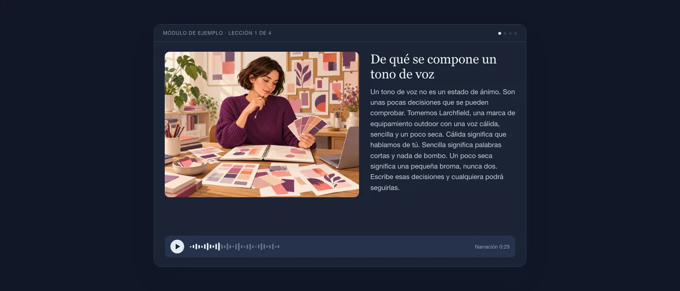 Una lección terminada tal como la ve quien aprende: ilustración de una redactora con muestras de color, texto de la lección y un reproductor de audio.