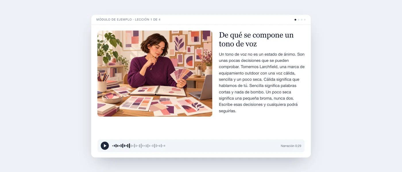 Una lección terminada tal como la ve quien aprende: ilustración de una redactora con muestras de color, texto de la lección y un reproductor de audio.