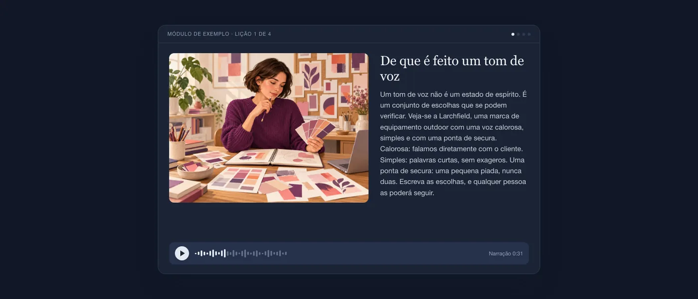Uma lição concluída tal como a vê quem aprende: ilustração de uma copywriter com amostras de cor, texto da lição e um leitor de áudio.