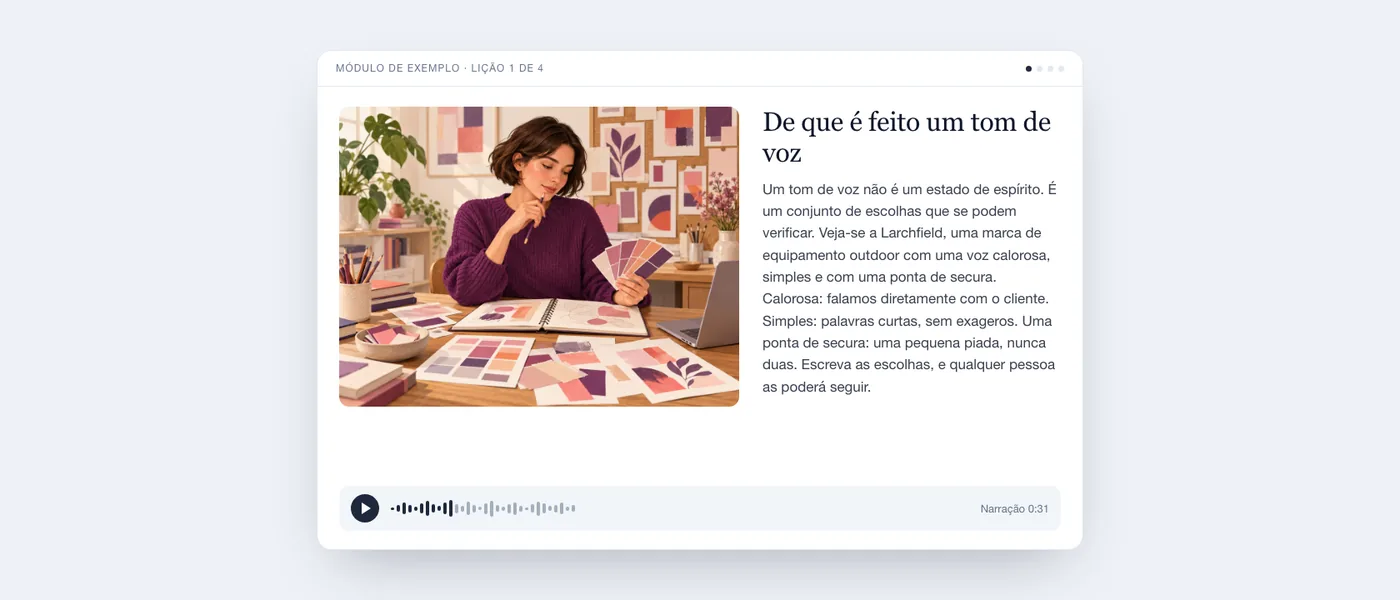 Uma lição concluída tal como a vê quem aprende: ilustração de uma copywriter com amostras de cor, texto da lição e um leitor de áudio.