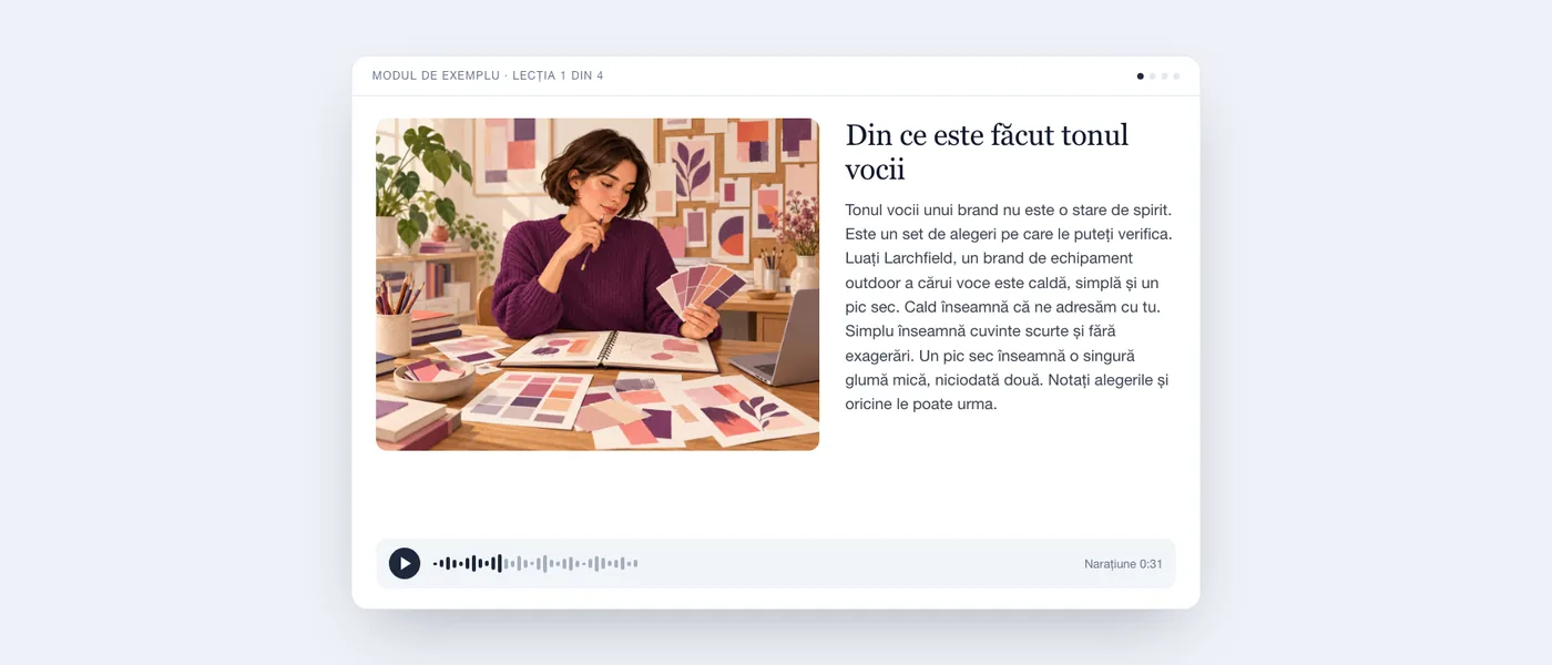 O lecție finalizată, așa cum o vede cursantul: ilustrația unei copywriter cu mostre de culoare, textul lecției și un player audio.