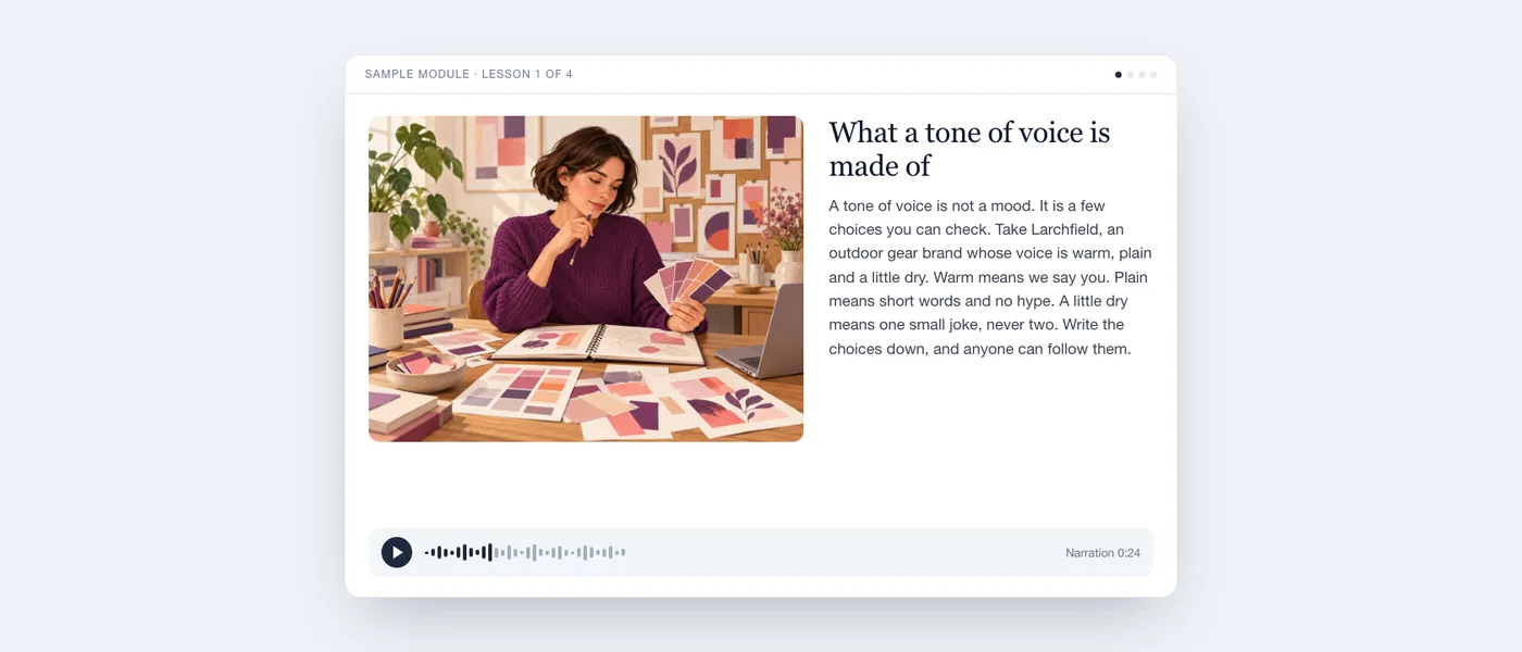 A finished lesson as the learner sees it: illustration of a copywriter with colour swatches, lesson text and an audio player.