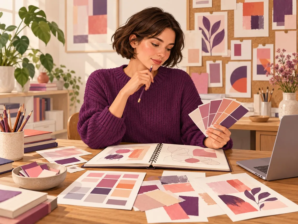 A copywriter in a violet sweater studies a fan of colour swatches at a studio desk with a sketchbook and a pinboard behind her.