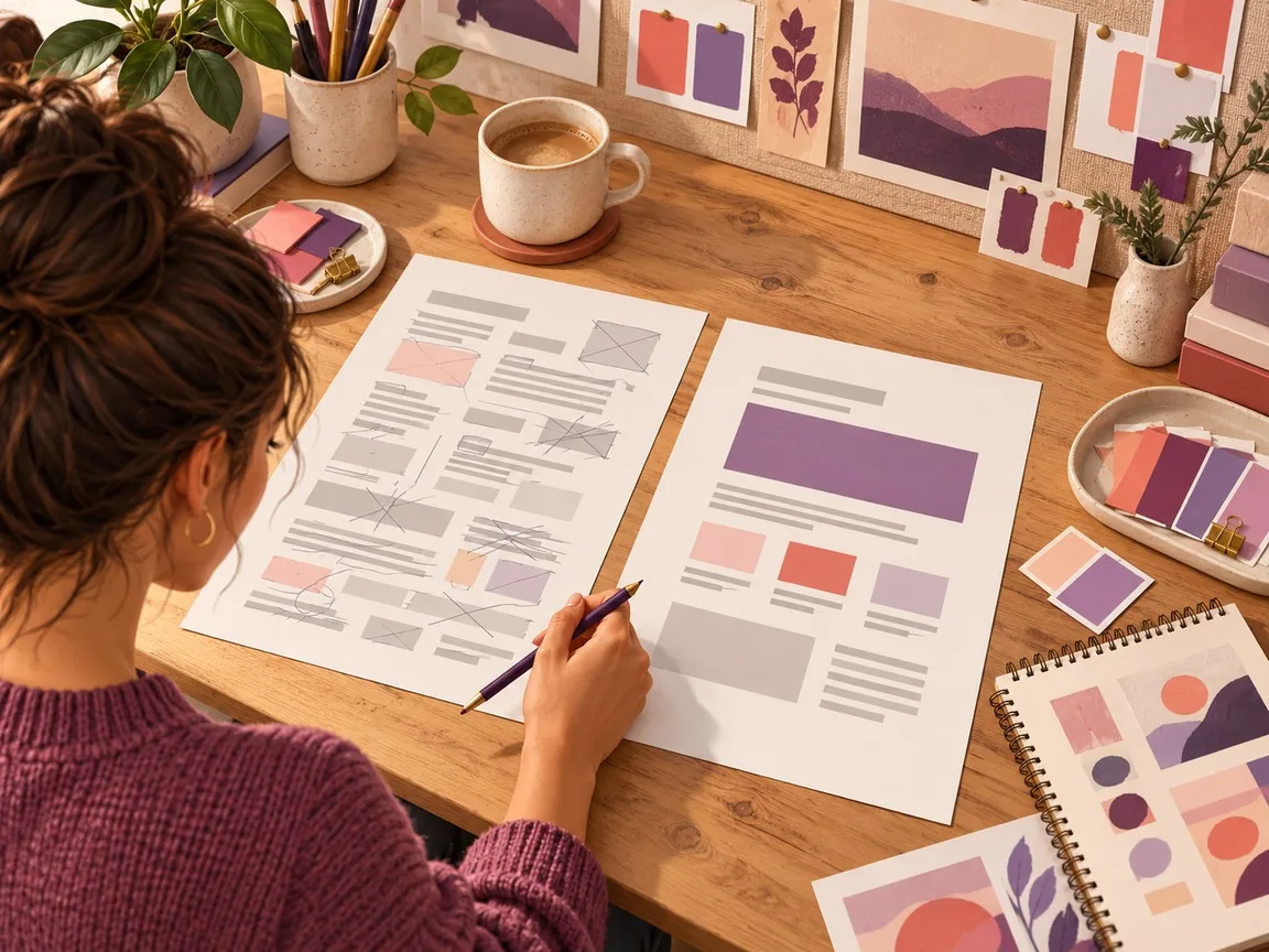 Two printed pages side by side on a desk, a cluttered draft on the left and a clean rewritten page on the right, with a hand holding a pencil.