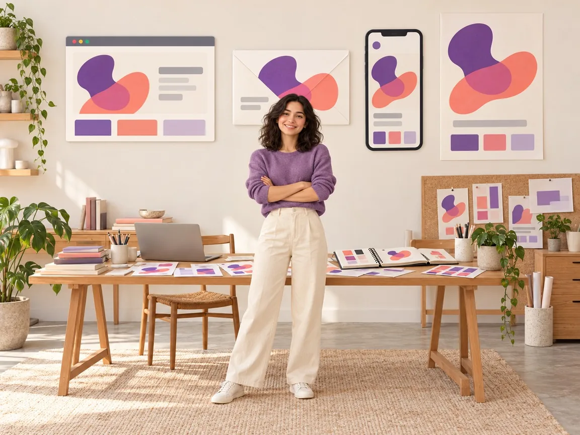 A creative stands in a studio in front of one shape motif repeated on a website, an envelope, a phone and a poster.