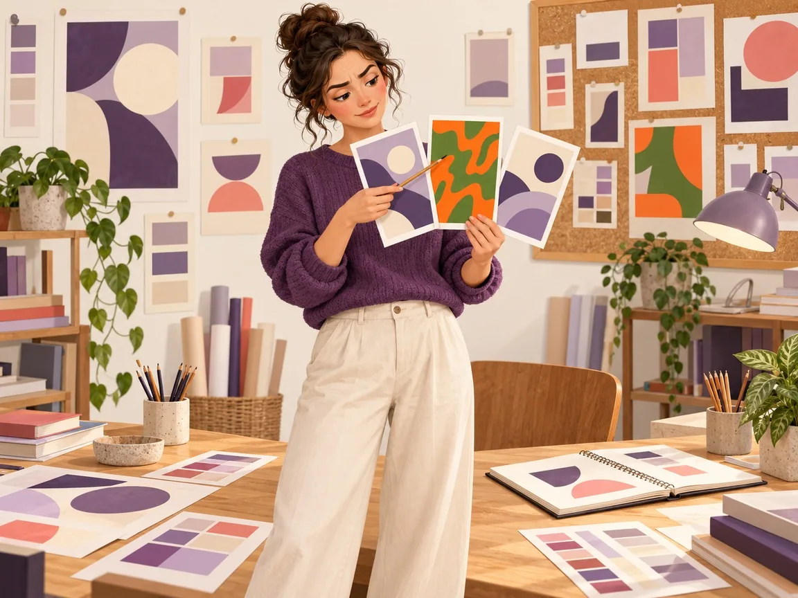 A designer holds three printed cards and points a pencil at the middle one, which has a clashing orange and green pattern.