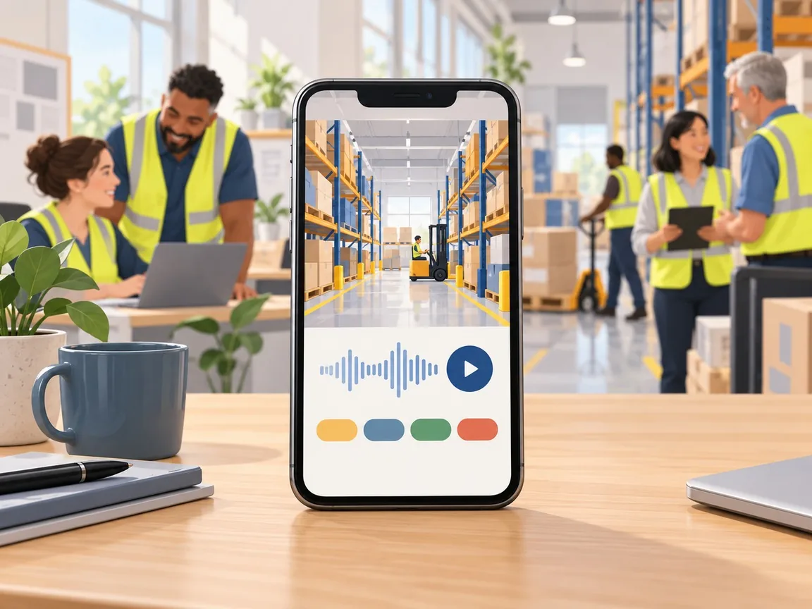 A phone on a desk plays a lesson with a picture of a warehouse aisle, an audio waveform and a play button, above a row of coloured pills, with colleagues working behind.