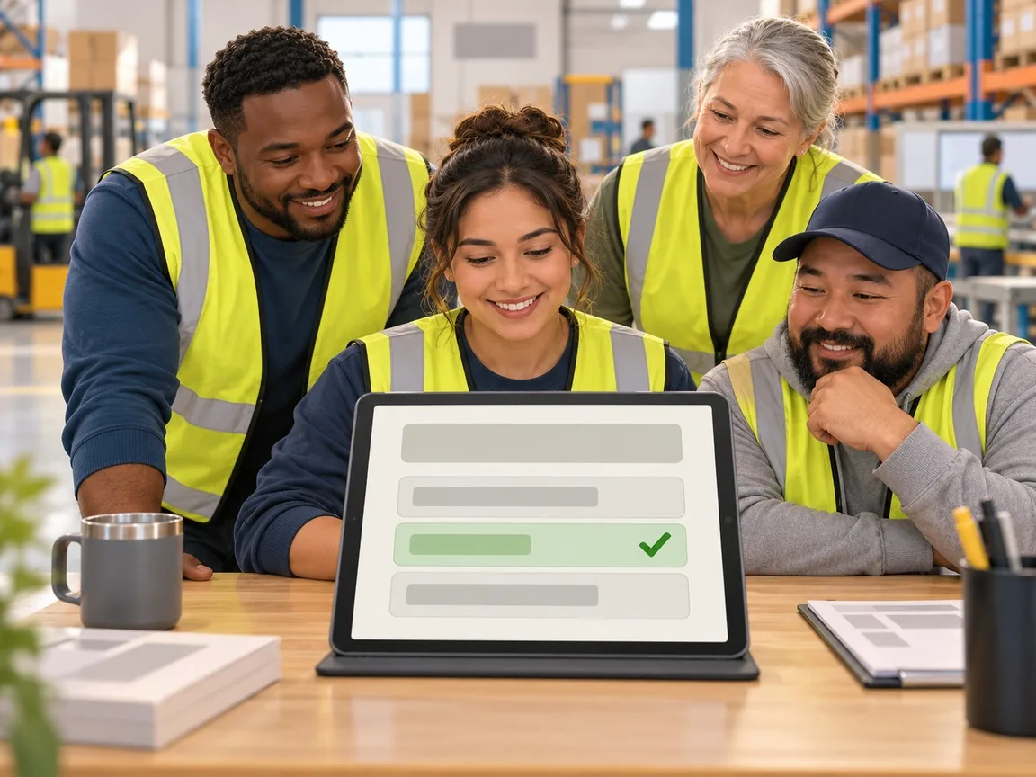 A tablet shows a comprehension check with one question and three answer buttons, the middle one ticked, as four colleagues look on and smile.