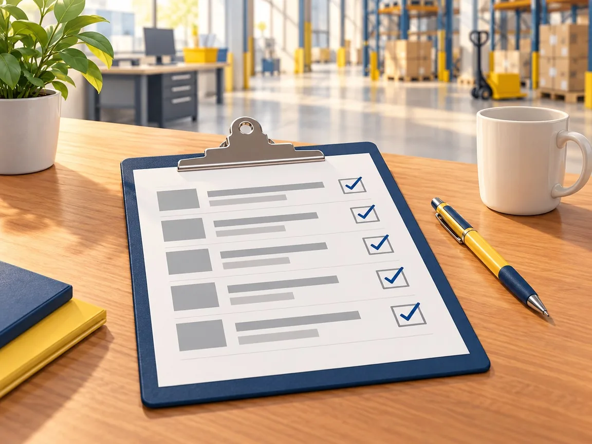 A clipboard on a wooden desk holds a printed record sheet, a table of five rows each with a ticked box, with a yellow pen beside it.