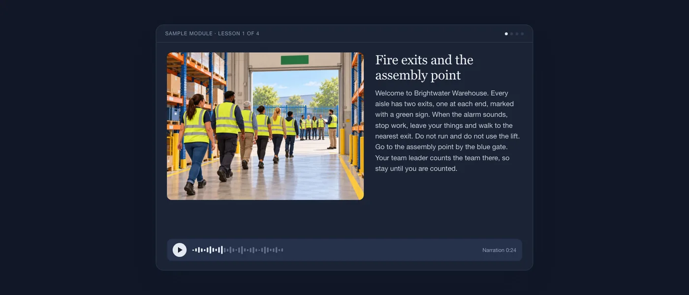 A finished lesson as the learner sees it: illustration of a warehouse aisle, lesson text and an audio player.