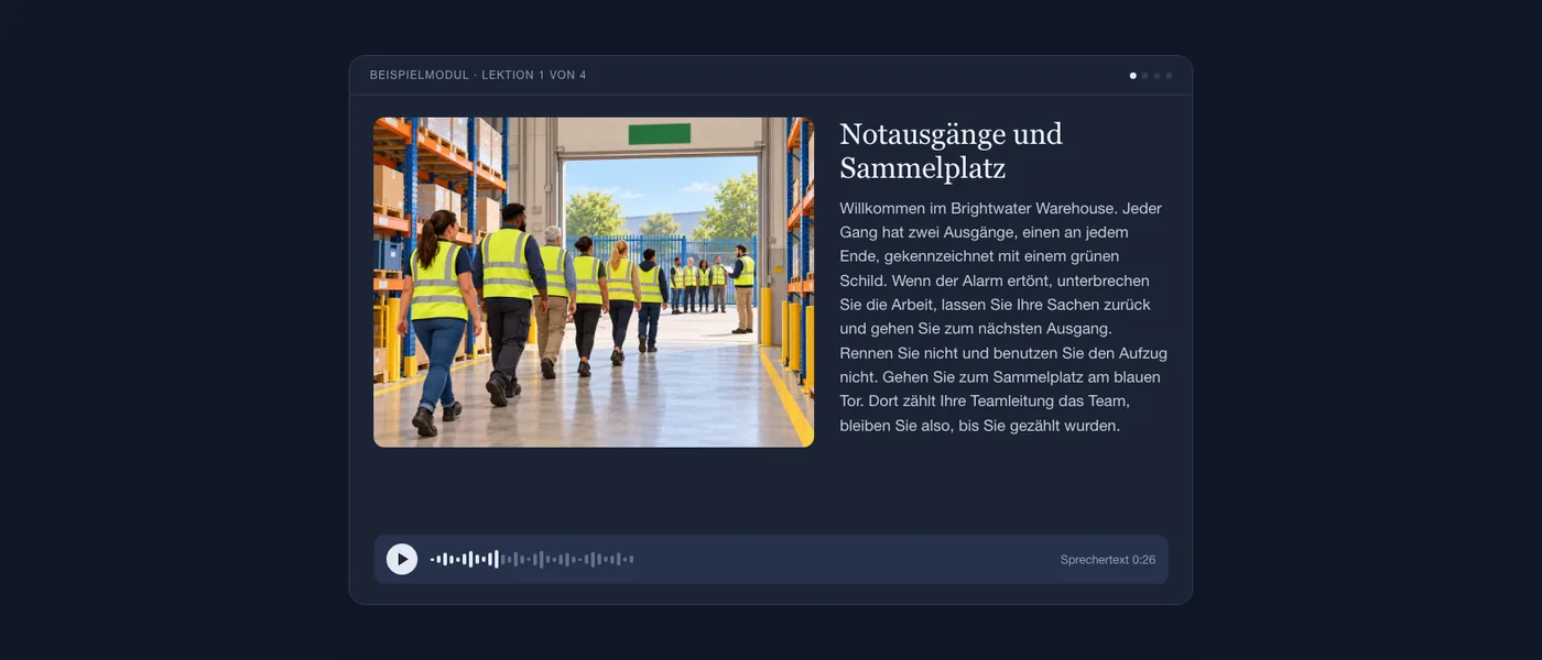 Eine fertige Lektion aus Sicht der Lernenden: die Illustration eines Lagergangs, der Lektionstext und ein Audioplayer.