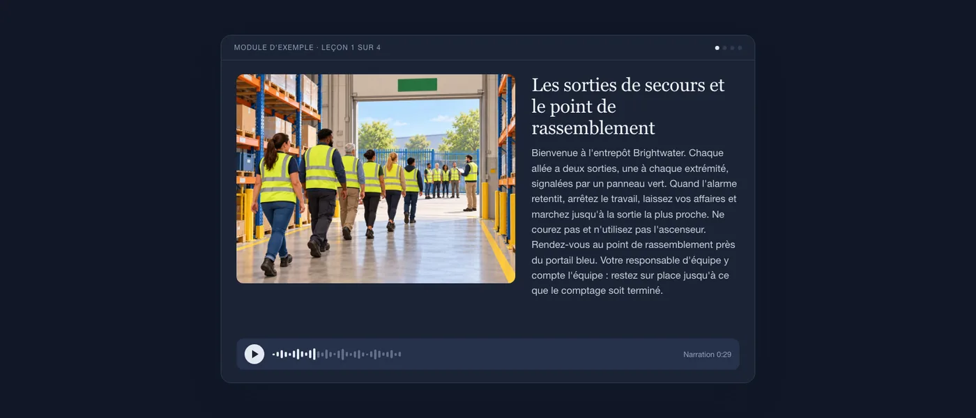 Une leçon terminée telle que l'apprenant la voit : illustration d'une allée d'entrepôt, texte de la leçon et lecteur audio.