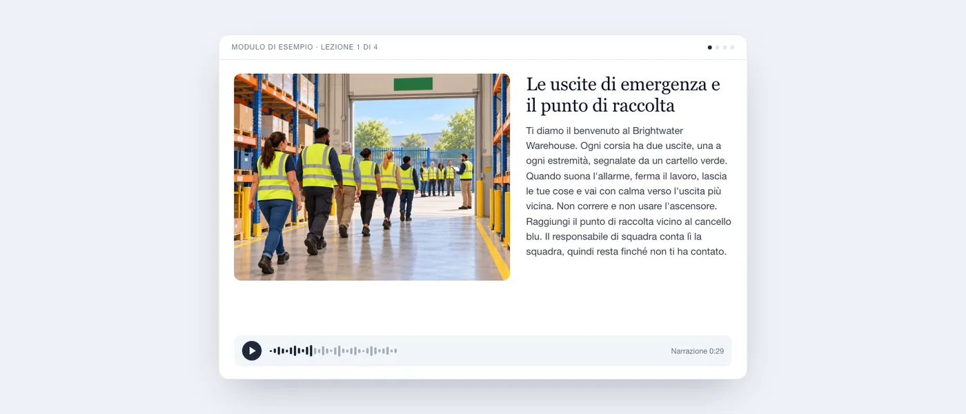 Una lezione completa come la vede il destinatario: illustrazione di una corsia di magazzino, testo della lezione e lettore audio.