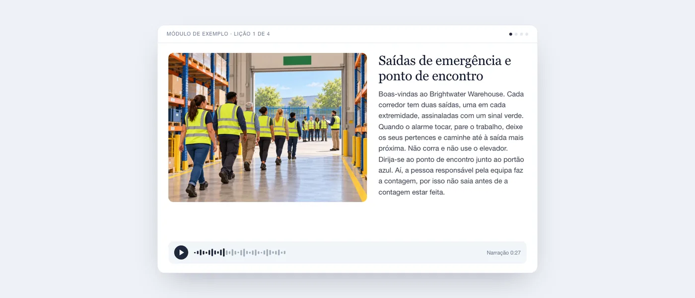 Uma lição concluída tal como o formando a vê: ilustração de um corredor de armazém, texto da lição e leitor de áudio.