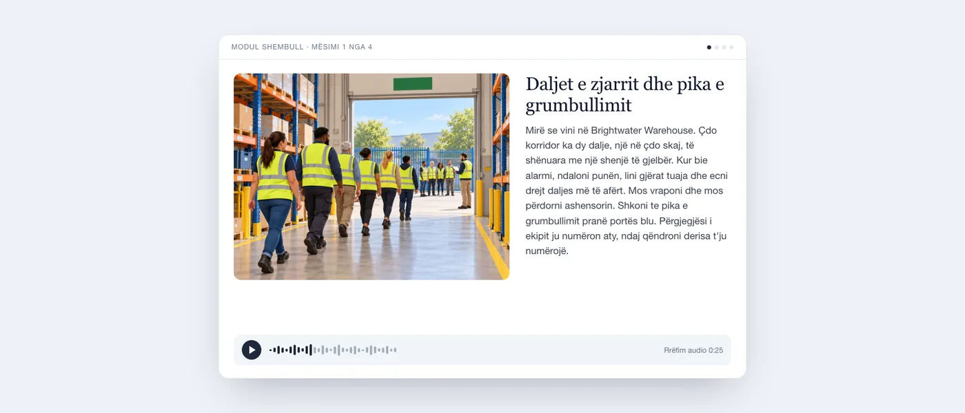 Një mësim i përfunduar ashtu siç e sheh pjesëmarrësi: ilustrim i një korridori magazine, teksti i mësimit dhe një luajtës audio.
