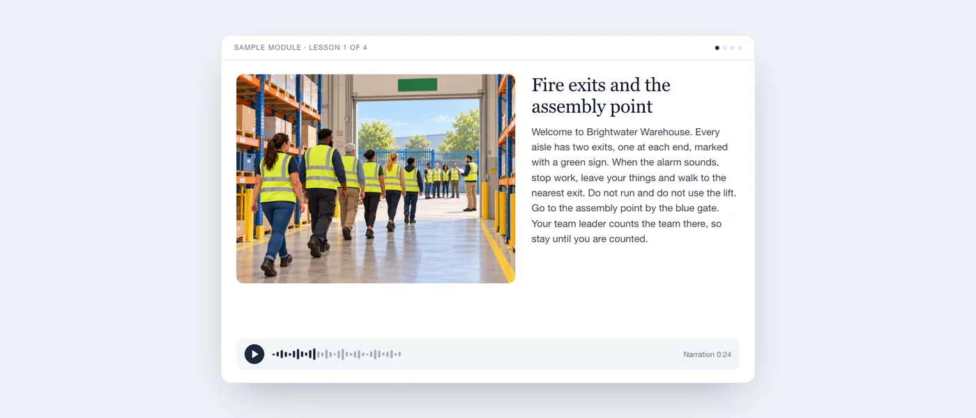 A finished lesson as the learner sees it: illustration of a warehouse aisle, lesson text and an audio player.