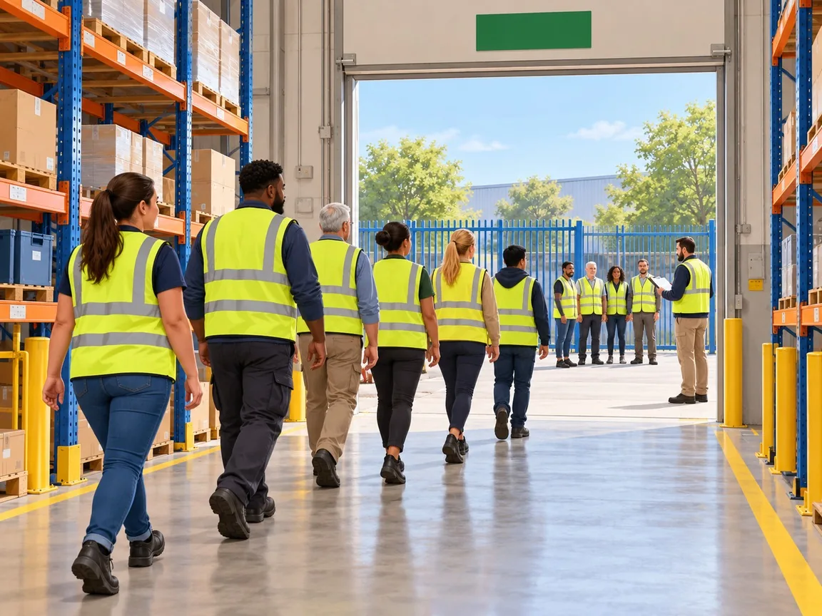 A group of workers in hi-vis vests walks calmly through the open exit of a warehouse aisle towards a blue gate, where a team lead with a clipboard waits at the assembly point.