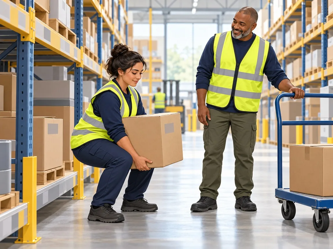 A worker in a hi-vis vest lifts a cardboard box with bent knees and a straight back while a colleague waits beside a hand trolley.