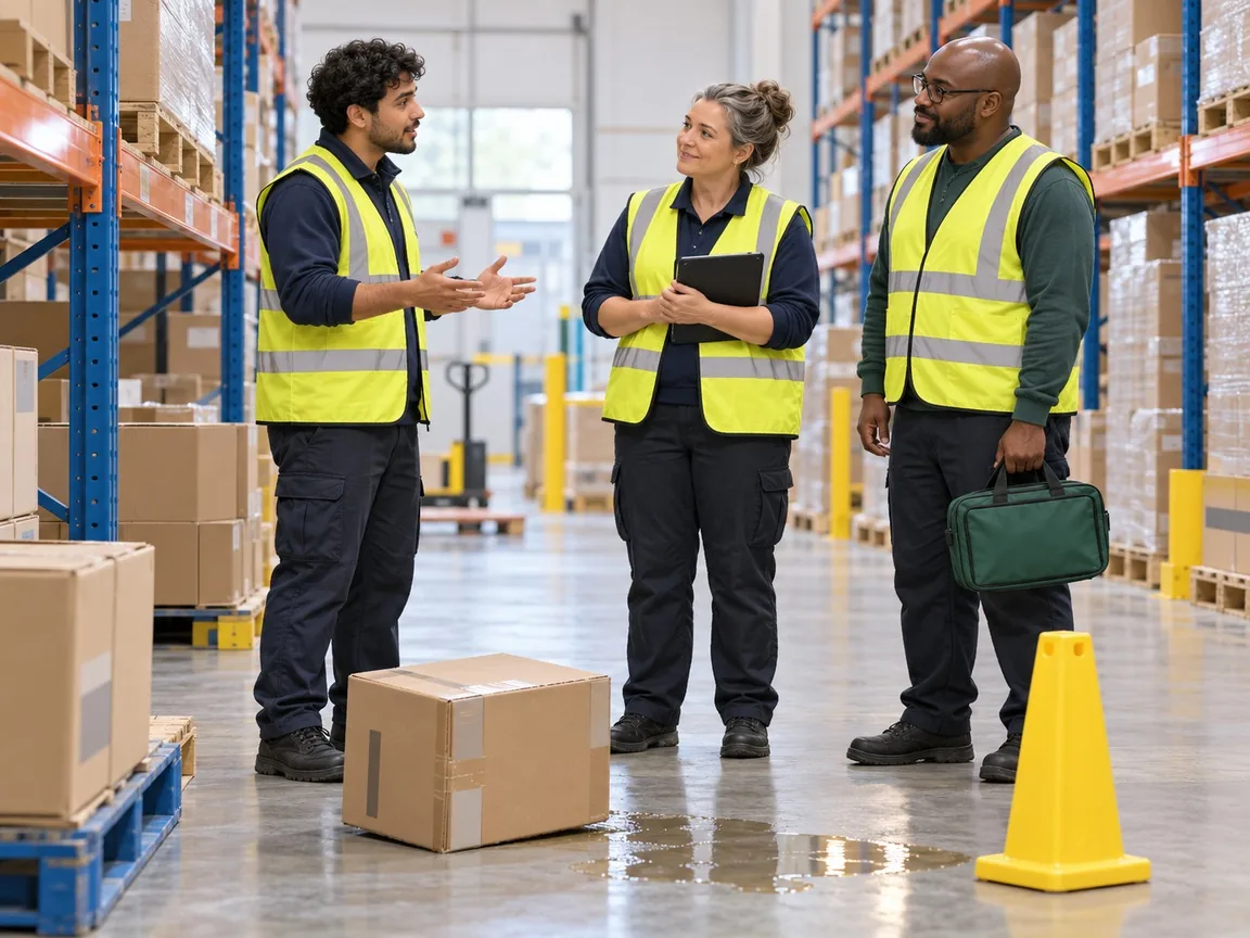 Three people in hi-vis vests talk beside a slipped box and a wet patch on the warehouse floor, with a yellow cone and a first-aid bag, as one of them explains what happened.