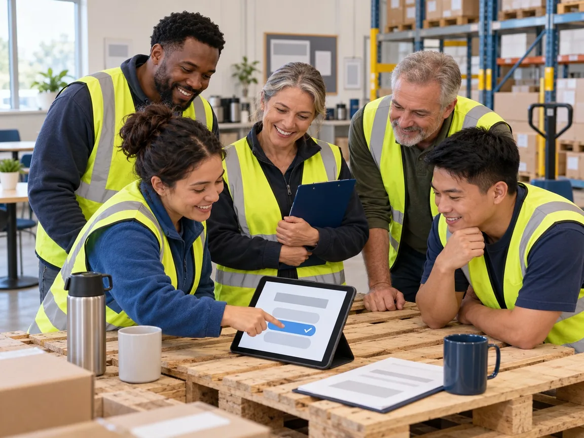 Four colleagues in hi-vis vests gather around a tablet on a pallet, smiling as one of them taps an answer among three buttons, one of them ticked.