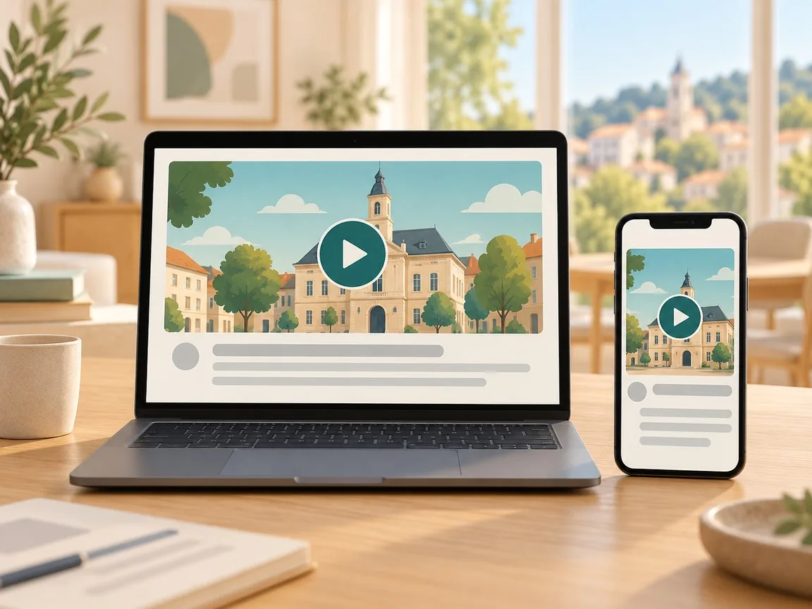 A laptop and a phone side by side, both showing an explainer video with a large play button.