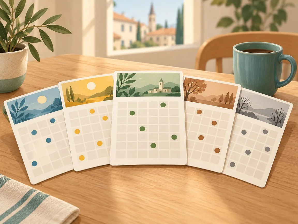 Five calendar cards fanned on a table, each with a grid and coloured dots for one of the five bins.
