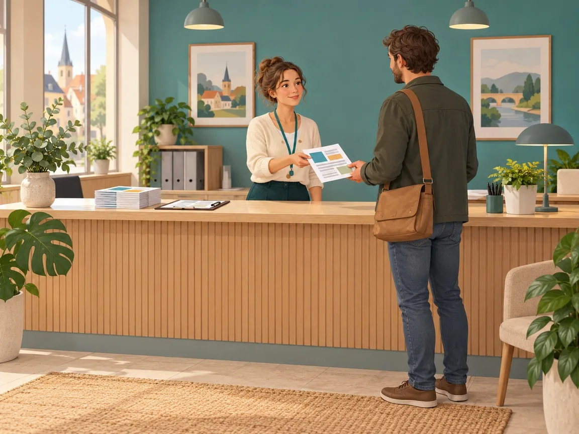 A staff member behind a municipal counter hands a printed leaflet to a citizen, with a clipboard and a stack of leaflets on the counter.