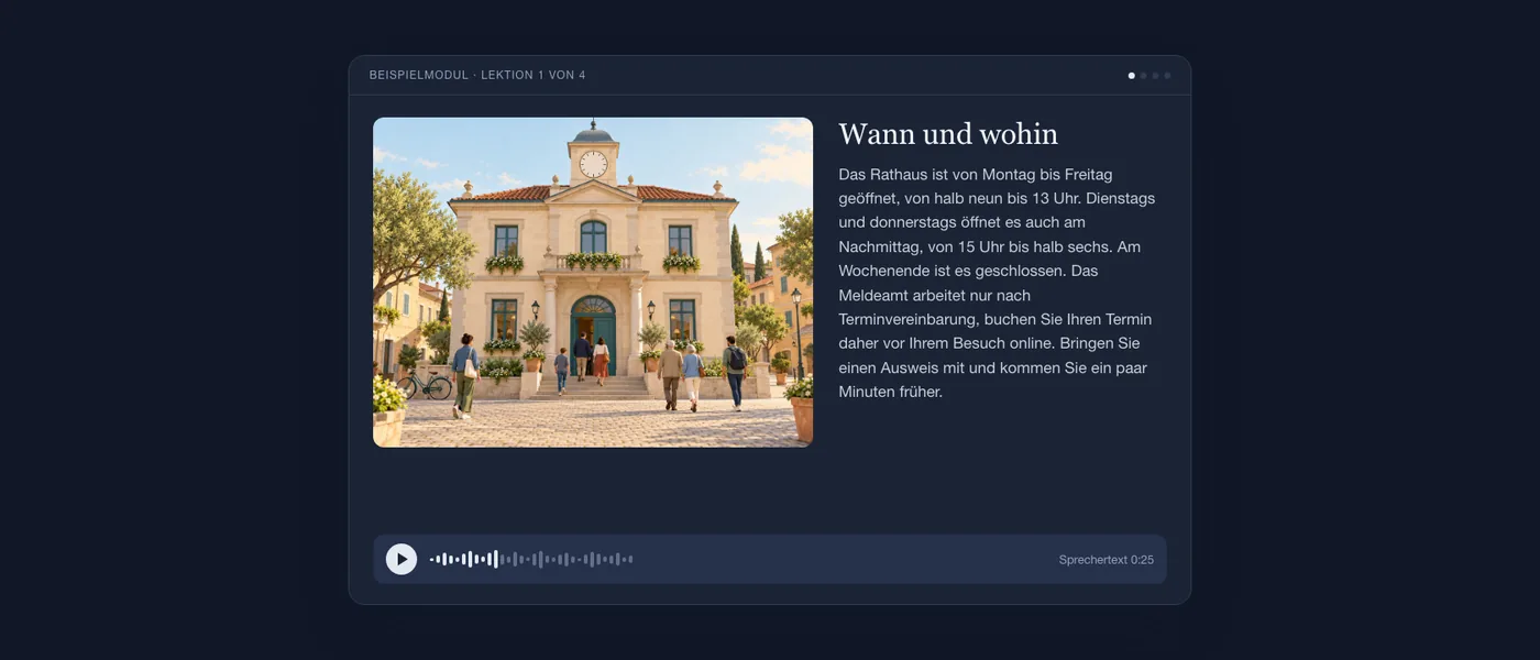 Eine fertige Lektion aus Sicht der Lernenden: Illustration eines Rathauses, Lektionstext und Audioplayer.