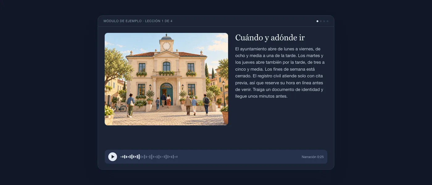 Una lección terminada tal como la ve el alumnado: ilustración de un ayuntamiento, texto de la lección y reproductor de audio.