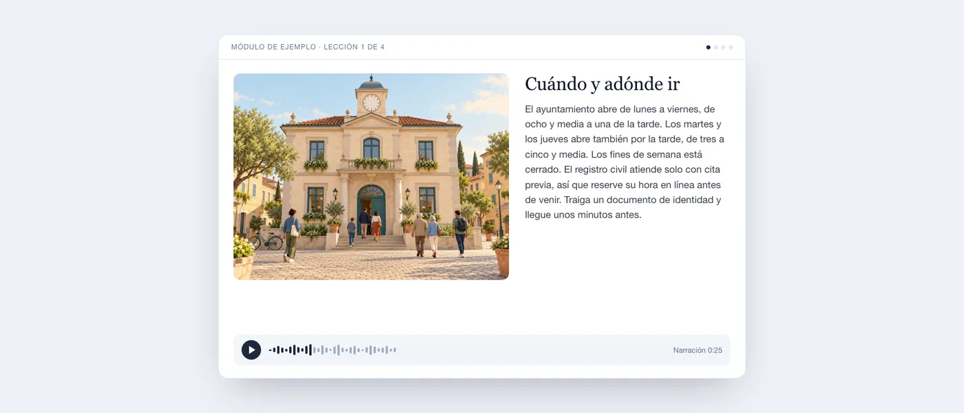 Una lección terminada tal como la ve el alumnado: ilustración de un ayuntamiento, texto de la lección y reproductor de audio.