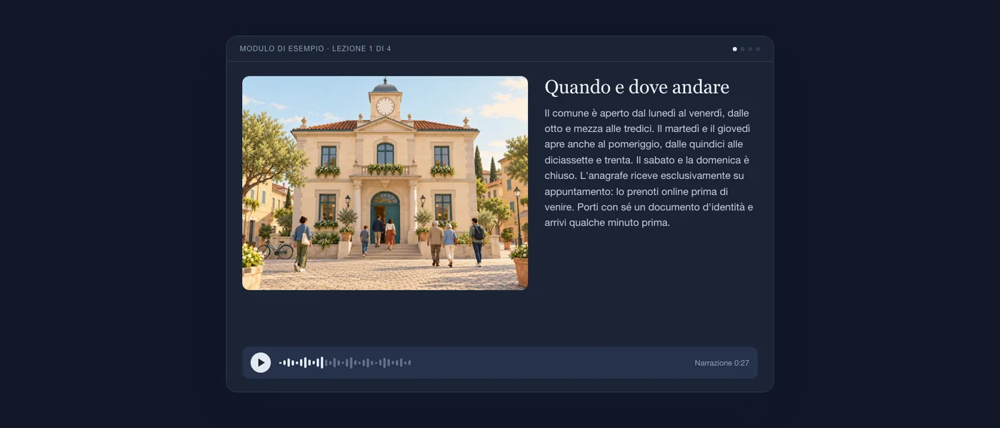 Una lezione completa come la vede il destinatario: illustrazione di un municipio, testo della lezione e lettore audio.
