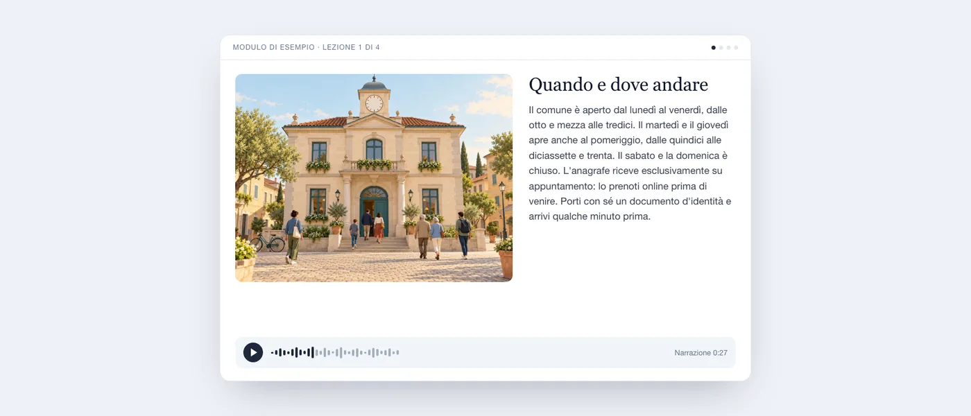 Una lezione completa come la vede il destinatario: illustrazione di un municipio, testo della lezione e lettore audio.