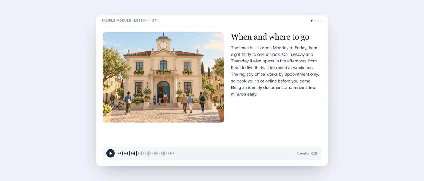 A finished lesson as the learner sees it: illustration of a town hall, lesson text and an audio player.