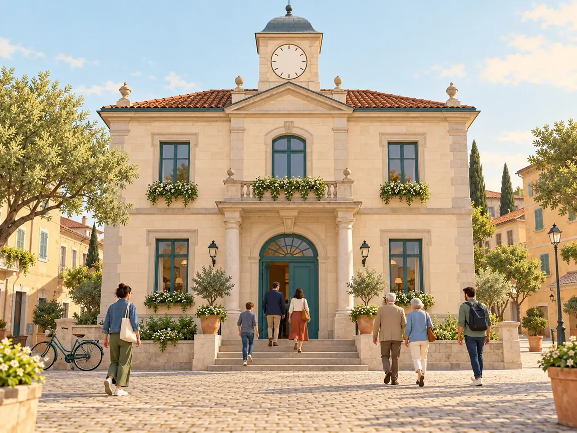 The front of a small town hall with a clock tower, as a few residents walk up the steps to the entrance.