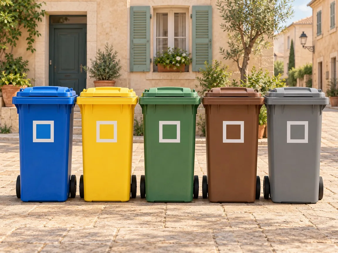Five wheelie bins in a row on a street: blue, yellow, green, brown and grey.