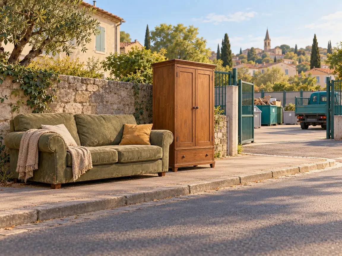 An old sofa and a wardrobe on the pavement beside the gate of a recycling centre.