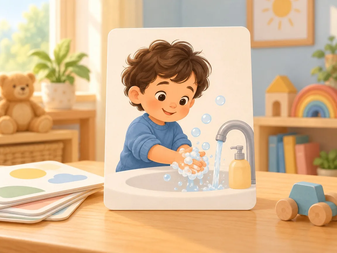 A large picture card on a nursery table shows a boy washing his hands with soap bubbles, with more cards stacked beside it.