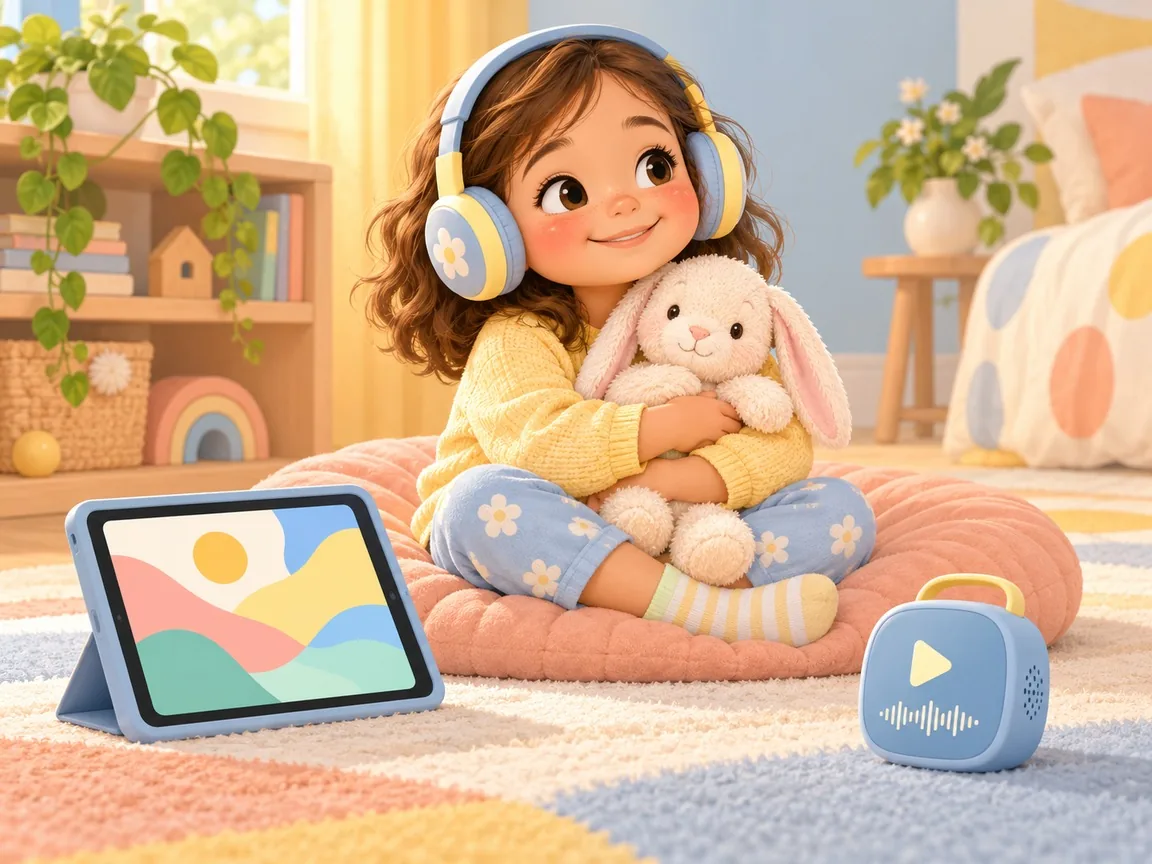 A girl in headphones sits on a floor cushion hugging a plush rabbit, with a tablet and a small audio player beside her.