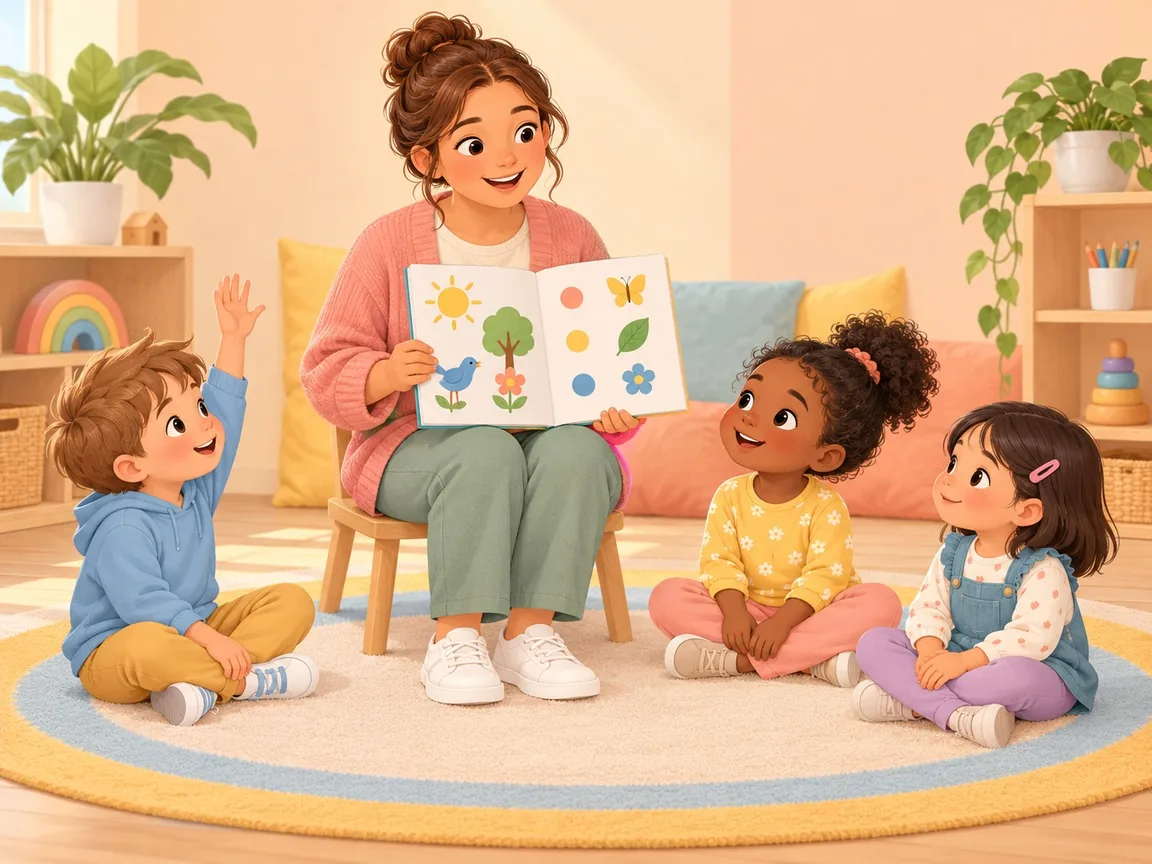 An educator on a low chair shows an illustrated booklet to three children sitting on a rug, one of them raising a hand.