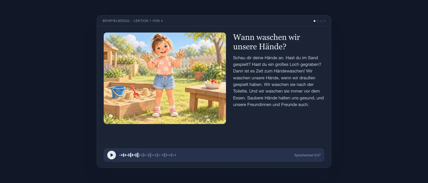 Eine Lektion aus Sicht eines Kindes: ein lächelndes Mädchen mit sandigen Händen im Garten, der kurze Text und ein Audioplayer.