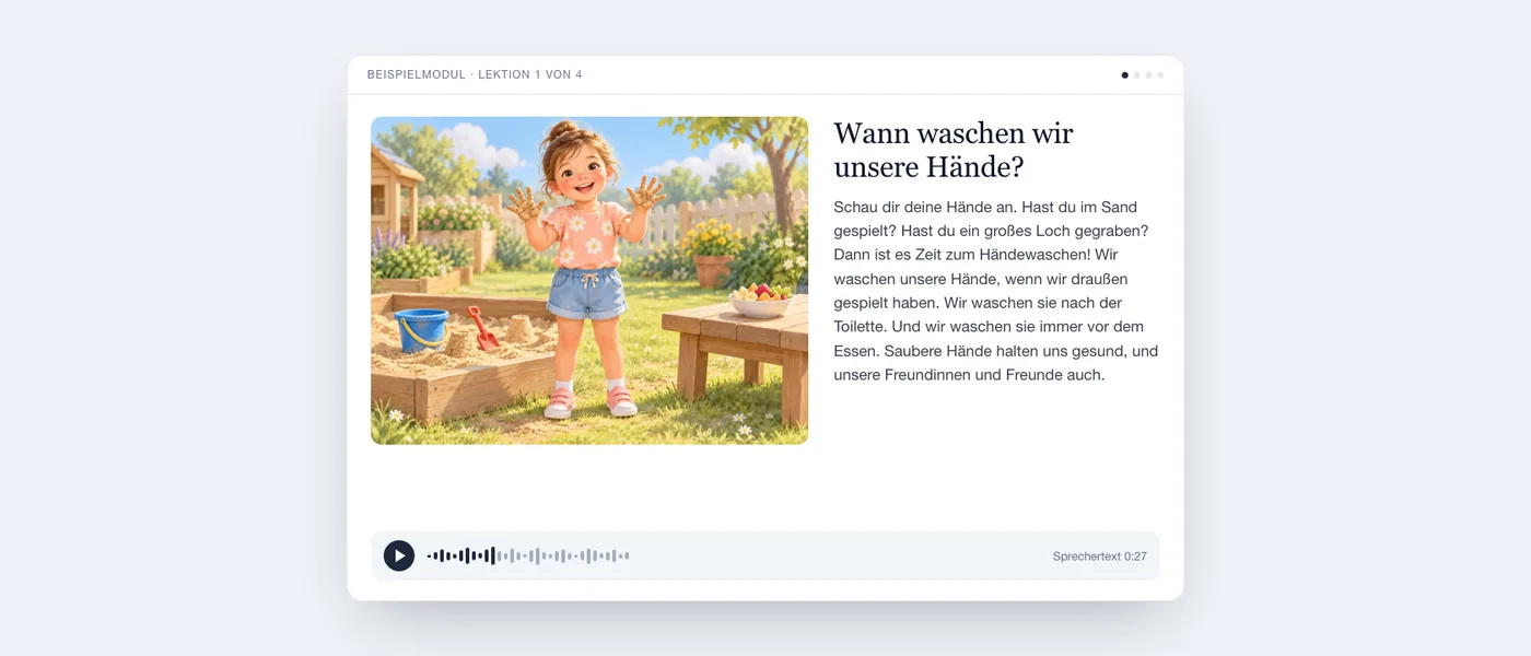 Eine Lektion aus Sicht eines Kindes: ein lächelndes Mädchen mit sandigen Händen im Garten, der kurze Text und ein Audioplayer.