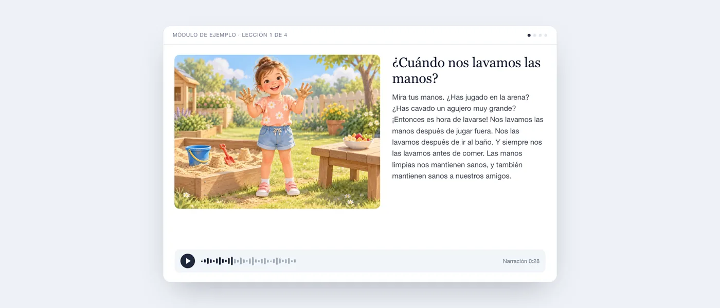Una pantalla de lección tal como la ve un niño: una niña sonriente con las manos llenas de arena en un jardín, el texto breve y un reproductor de audio.