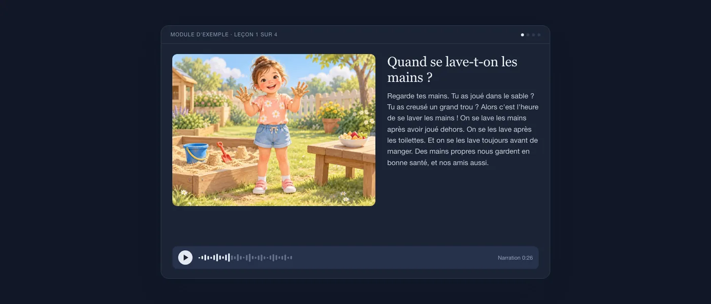 Un écran de leçon tel qu'un enfant le voit : une petite fille souriante aux mains pleines de sable dans un jardin, le court texte et un lecteur audio.