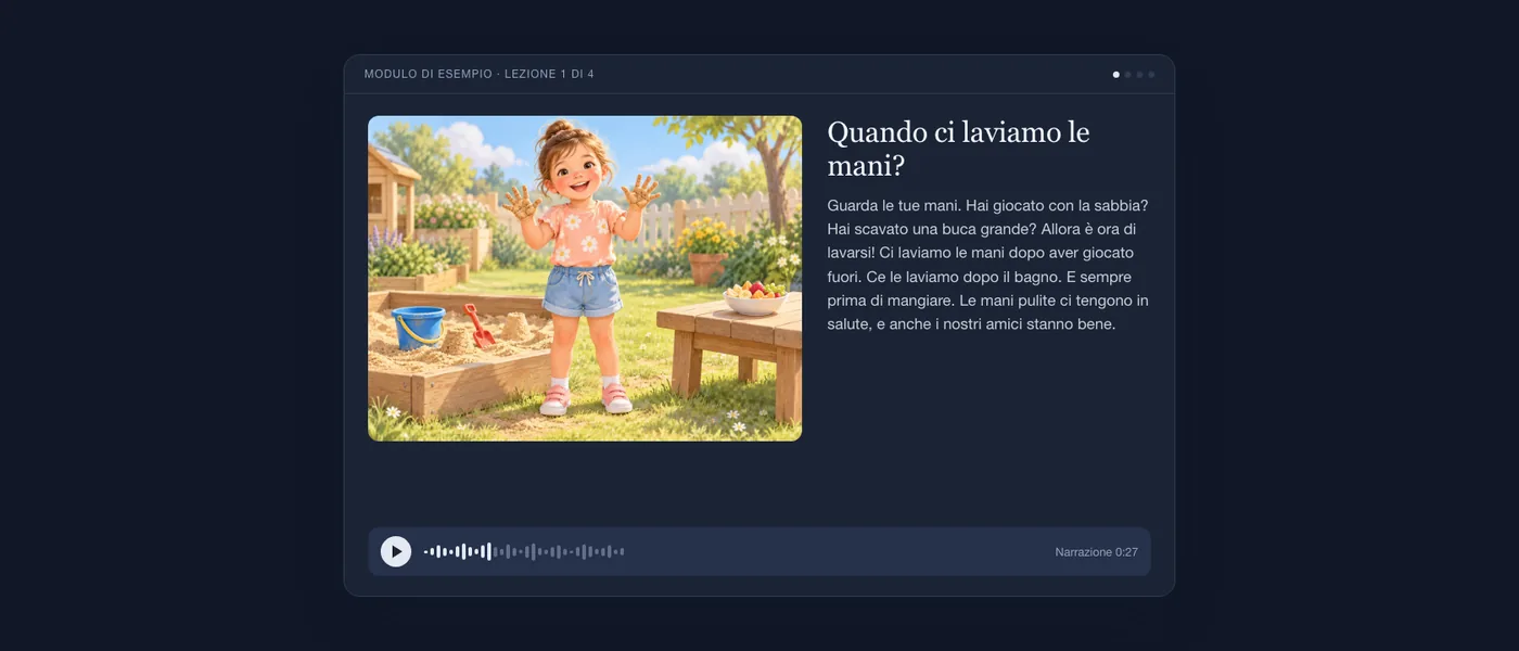 La schermata di una lezione come la vede un bambino: una bambina sorridente con le mani sporche di sabbia in giardino, il breve testo e un lettore audio.