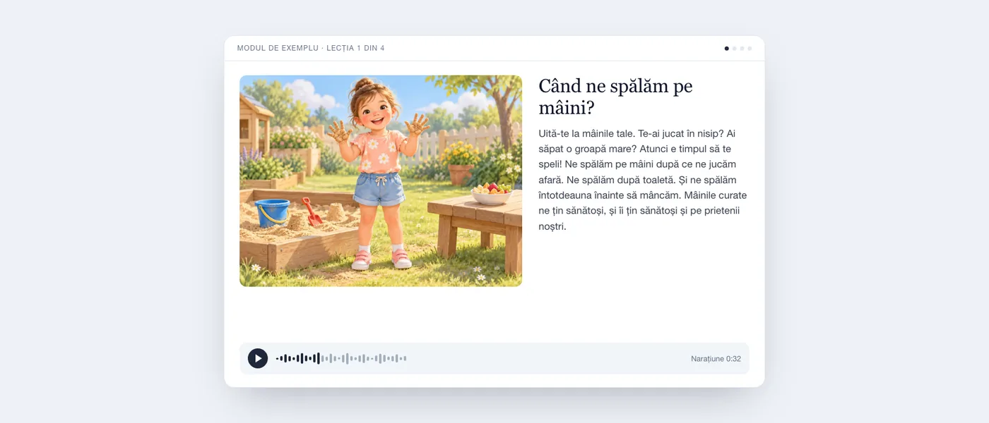 Un ecran de lecție așa cum îl vede un copil: o fetiță zâmbitoare cu mâinile pline de nisip într-o grădină, textul scurt și un player audio.