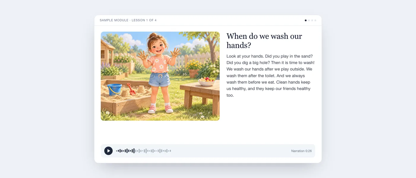 A lesson screen as a child sees it: a smiling girl with sandy hands in a garden, the short text and an audio player.