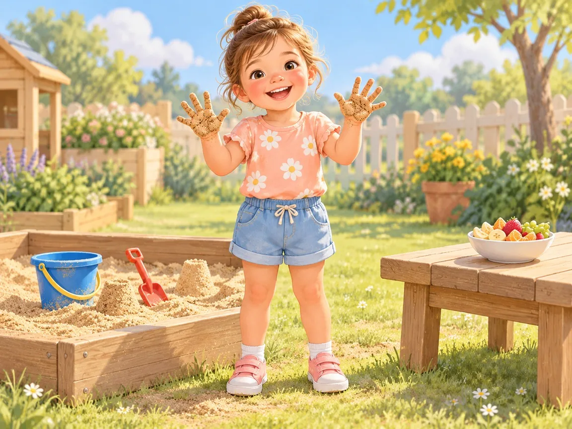 A smiling girl holds up two sandy hands next to a sandpit in a nursery garden, a bowl of fruit on a table nearby.