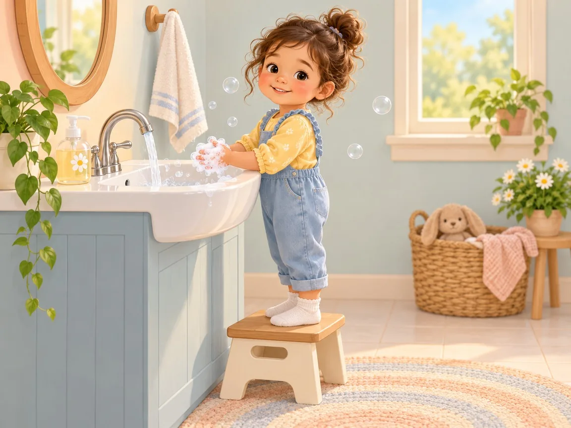 A small child on a step stool at a low sink rubs soapy bubbles between both hands.