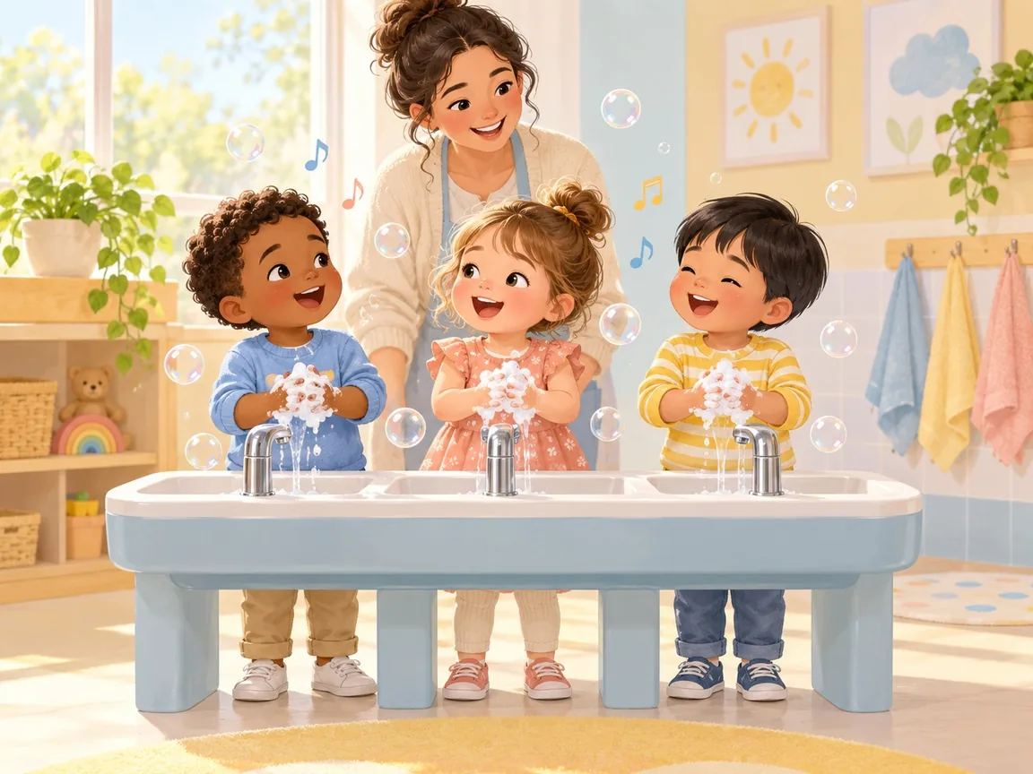 Three smiling children sing and rub soapy hands at a row of low sinks while an educator watches, with bubbles and musical notes in the air.