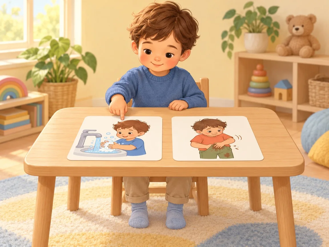 A boy at a low table points to one of two picture cards: a child washing hands with soap, and a child wiping dirty hands on trousers.
